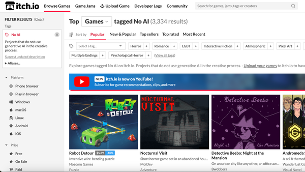 Itch.io Now Requires Gen AI Content to be Tagged in All Games and Asset Packs
